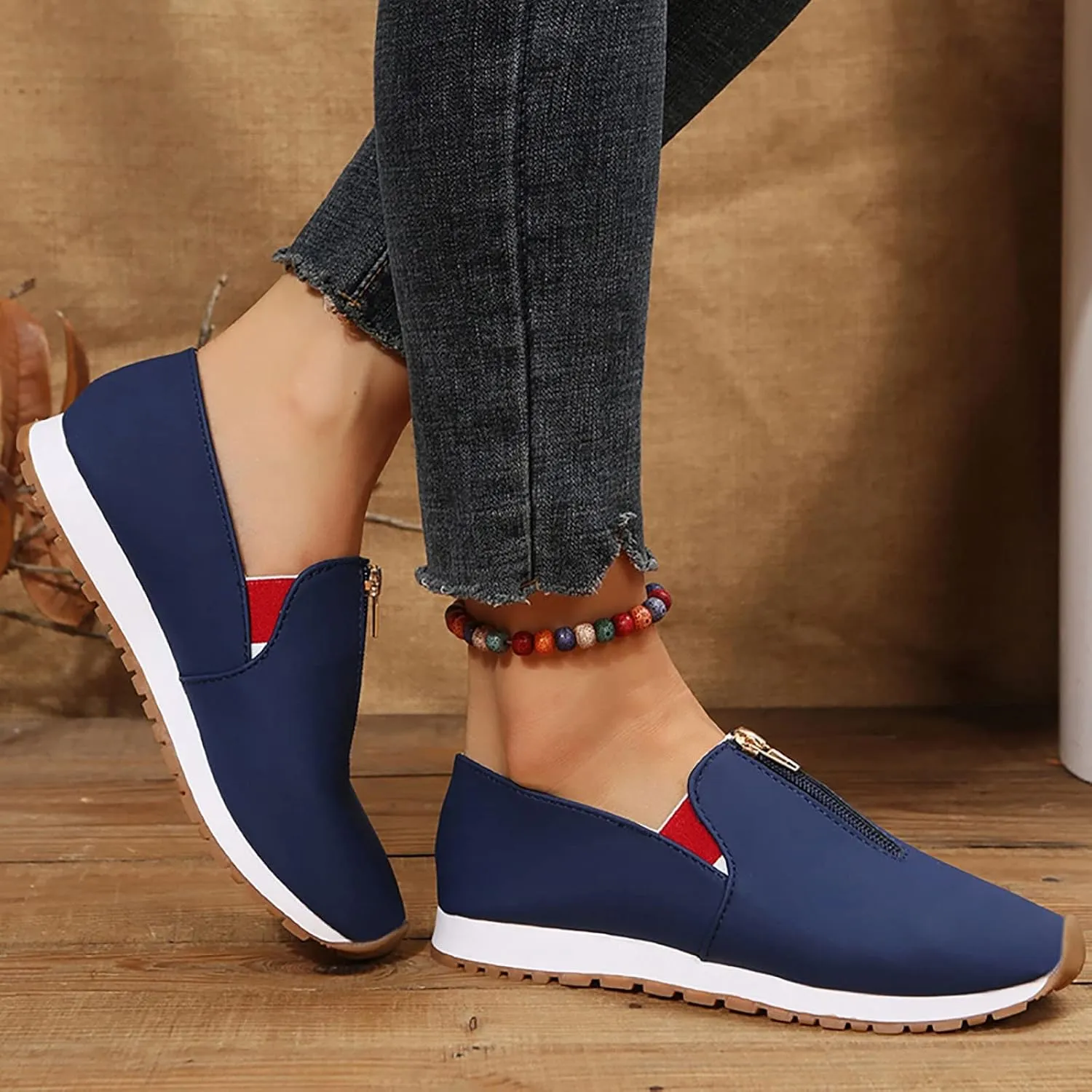 Orthopedic Slip-On Walking Shoes for Women, Comfort Loafers Wide Fit Knit Breathable Mesh Non-Slip Platform