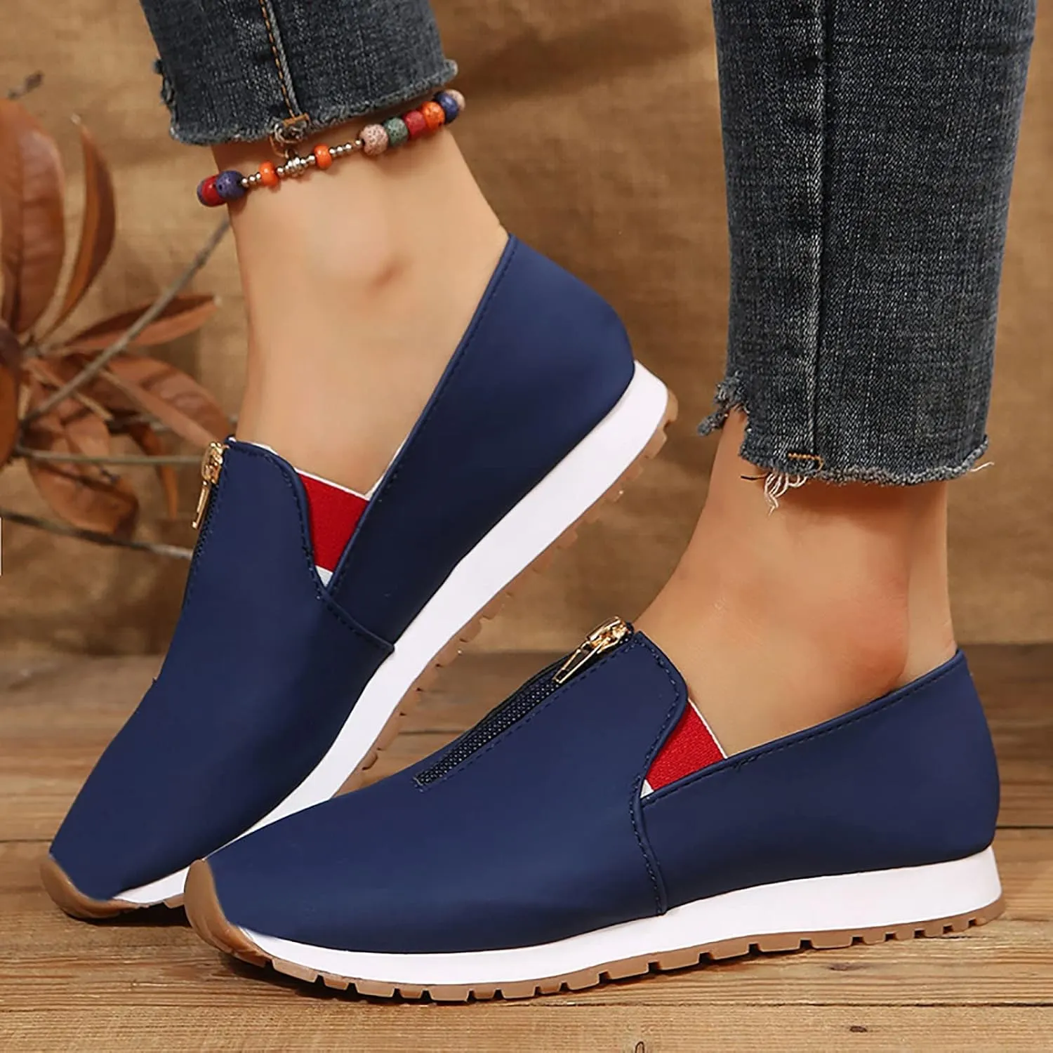 Orthopedic Slip-On Walking Shoes for Women, Comfort Loafers Wide Fit Knit Breathable Mesh Non-Slip Platform