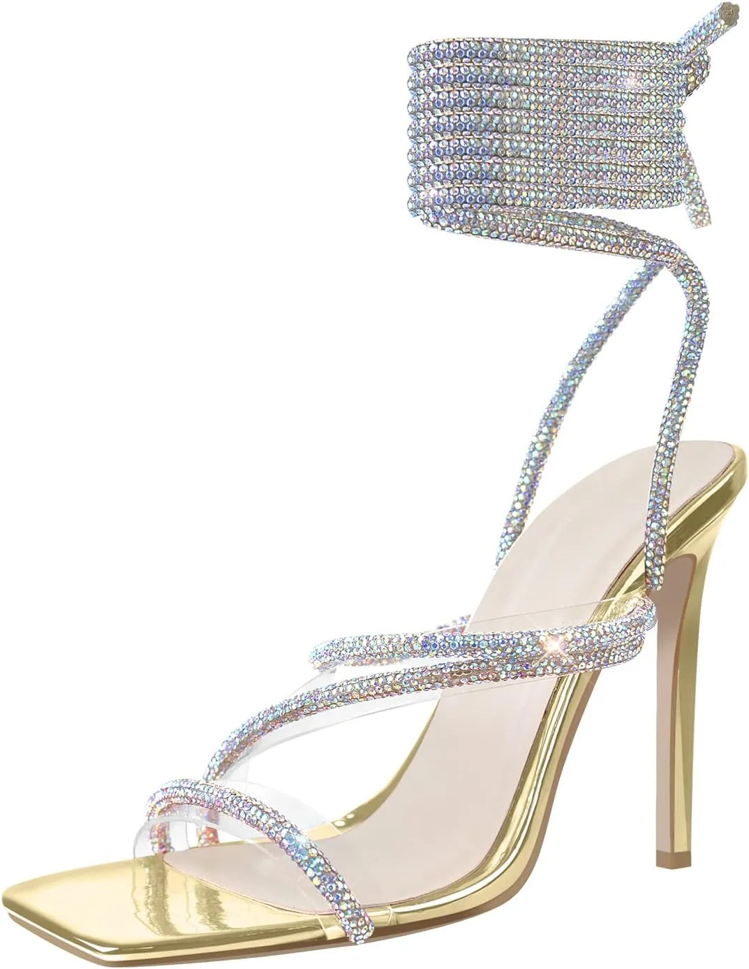 richealnini Women's Sparkly Clear Lace Up Ankle Strap High Heel Sandals