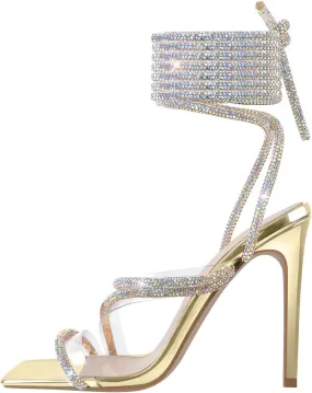 richealnini Women's Sparkly Clear Lace Up Ankle Strap High Heel Sandals