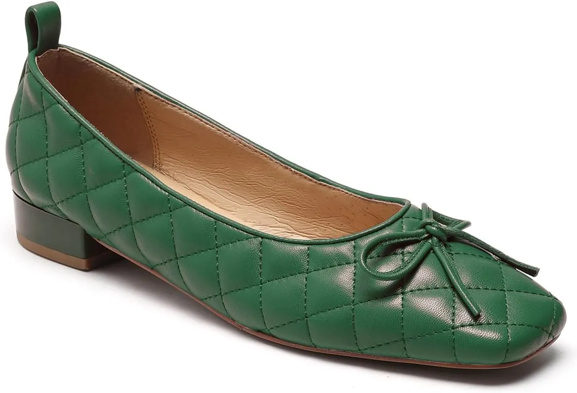 SHODENSE Women Square Closed Toe Flats Shoes with Bow Quilted Ballet Flats Slip On Comfortable Matte Leather Flat Heel Office Work Shoes Ladies Girls Driving Flats Club Church Spring Retro 4-11 M US