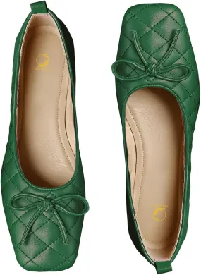 SHODENSE Women Square Closed Toe Flats Shoes with Bow Quilted Ballet Flats Slip On Comfortable Matte Leather Flat Heel Office Work Shoes Ladies Girls Driving Flats Club Church Spring Retro 4-11 M US