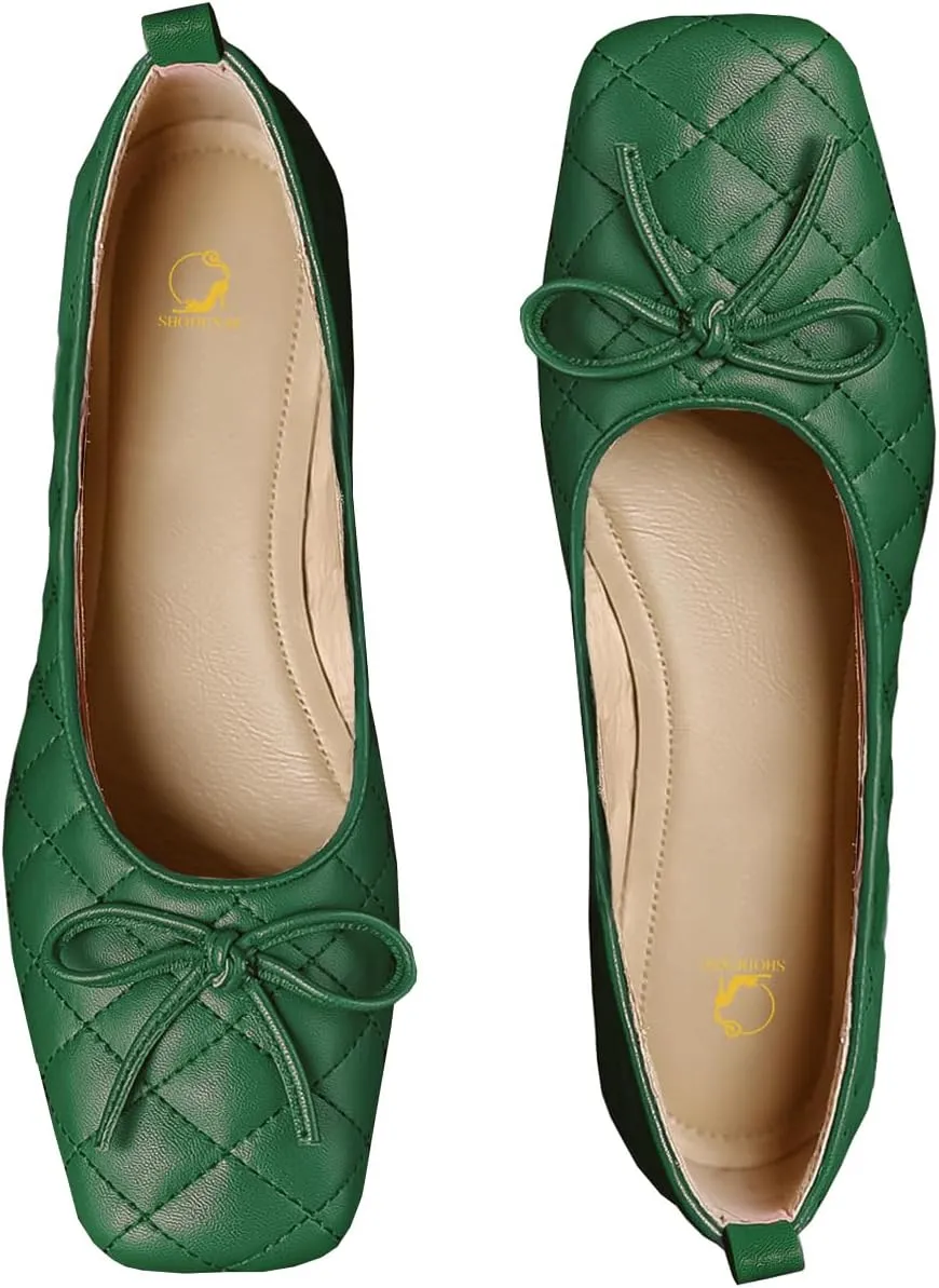 SHODENSE Women Square Closed Toe Flats Shoes with Bow Quilted Ballet Flats Slip On Comfortable Matte Leather Flat Heel Office Work Shoes Ladies Girls Driving Flats Club Church Spring Retro 4-11 M US