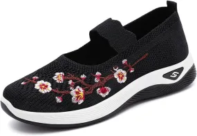 Walking Shoes Women Lightweight Breathable Knit Mesh Flat Loafers Comfy Mary Jane Non Slip Memory Foam Mom Walking Nurse Shoes Casual Soft Cushion Sneakers Black