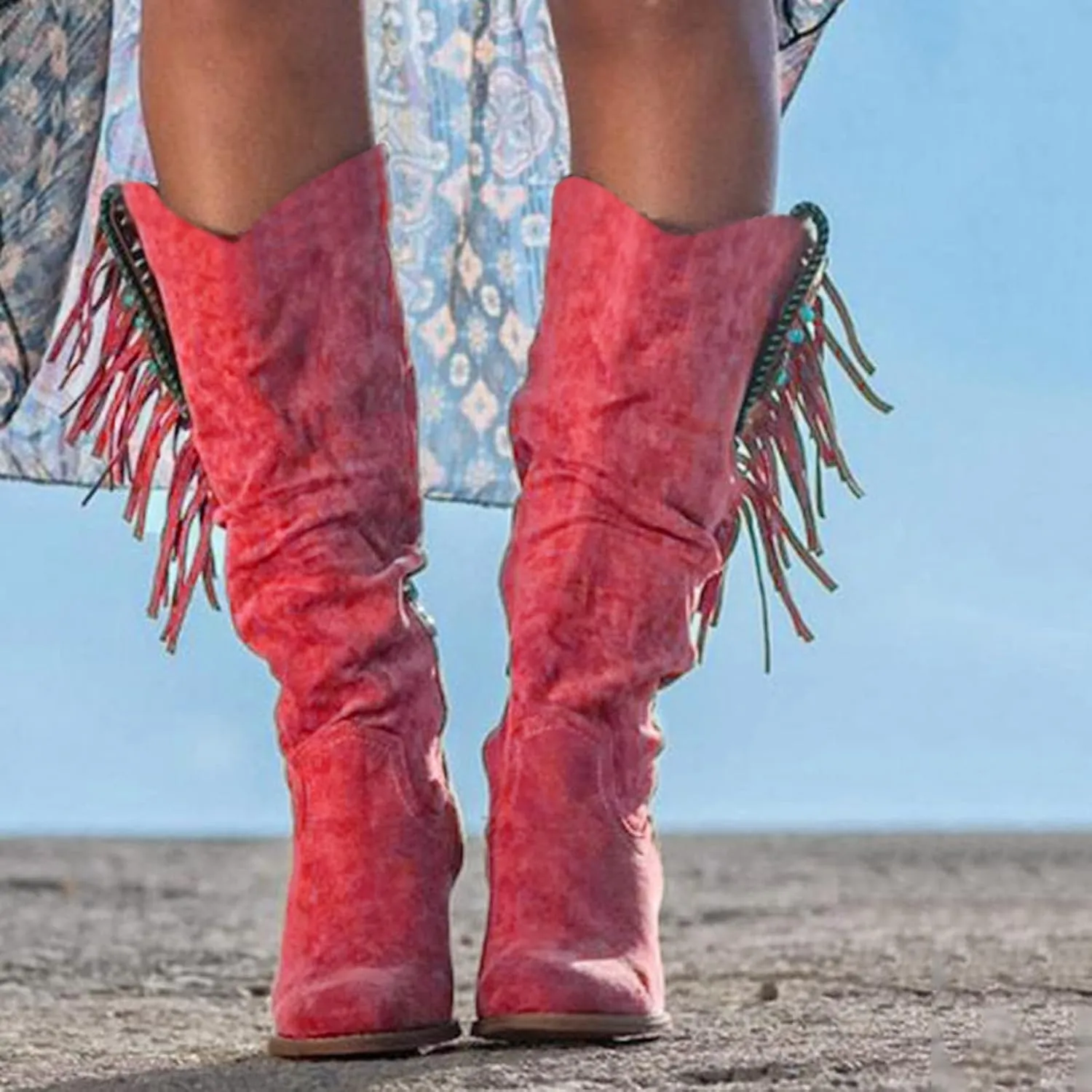 White Cowgirl Boots Casual Hot Pink Square Heel Thigh High Boots Tassel Knee High Boots Suede Tall Boots