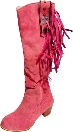White Cowgirl Boots Casual Hot Pink Square Heel Thigh High Boots Tassel Knee High Boots Suede Tall Boots