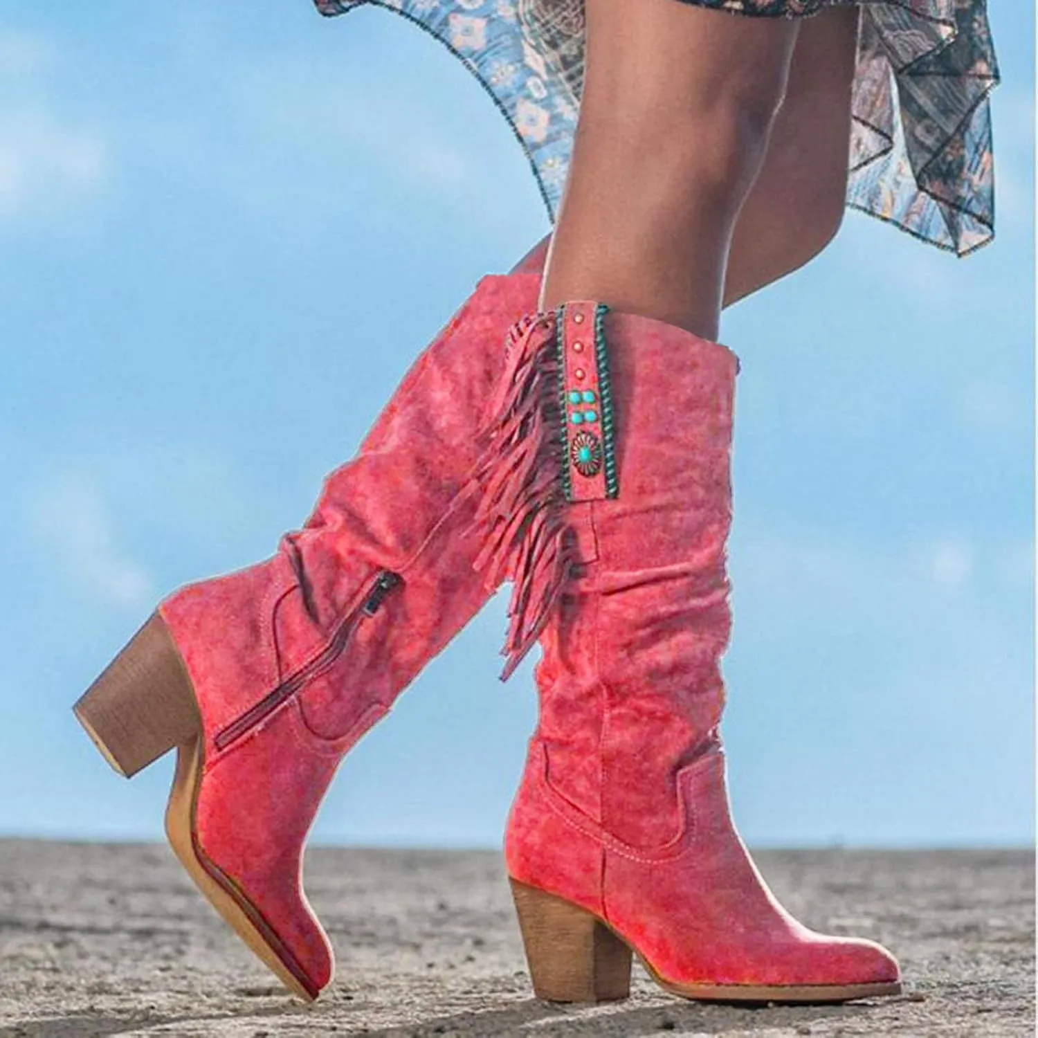 White Cowgirl Boots Casual Hot Pink Square Heel Thigh High Boots Tassel Knee High Boots Suede Tall Boots