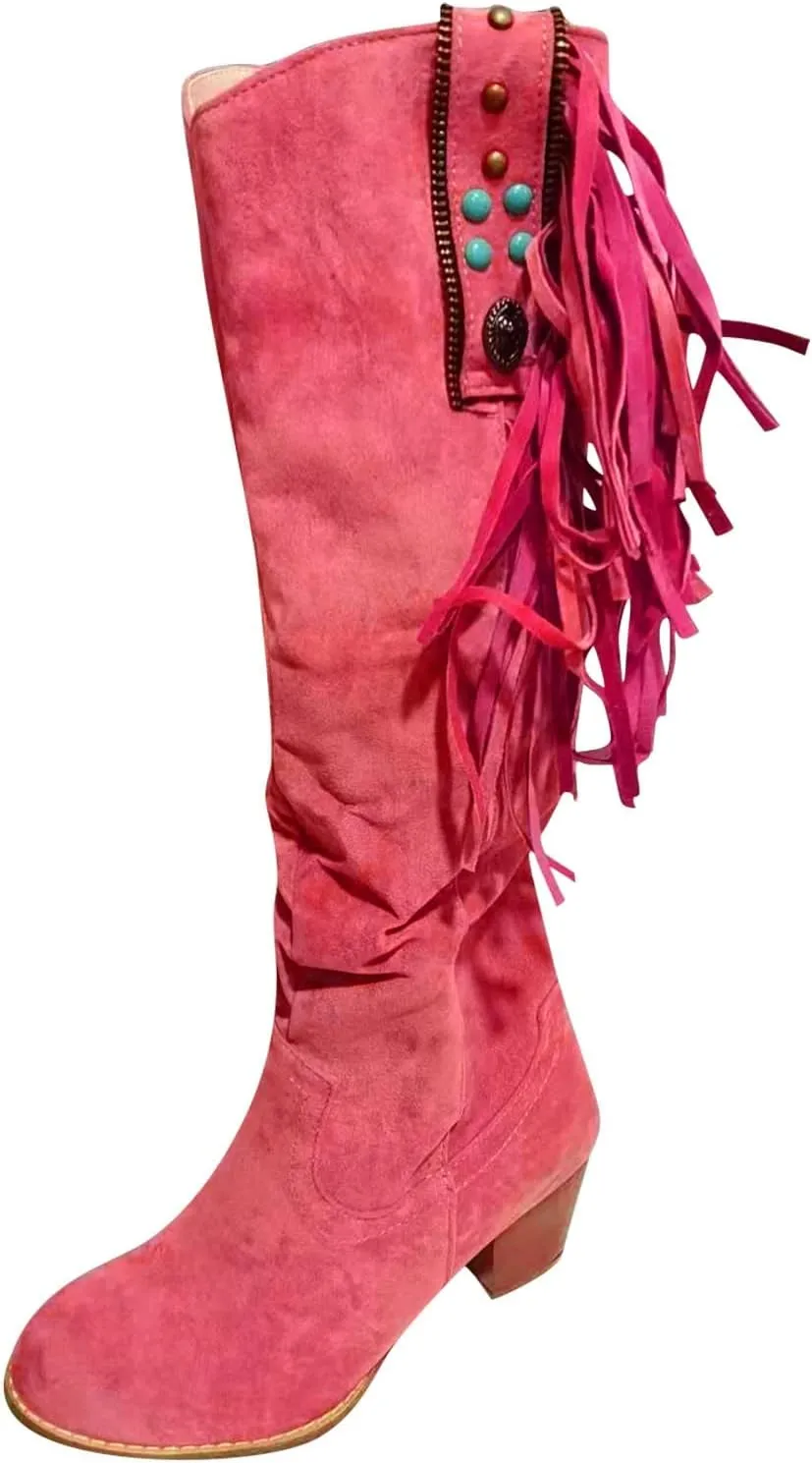 White Cowgirl Boots Casual Hot Pink Square Heel Thigh High Boots Tassel Knee High Boots Suede Tall Boots