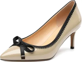 Womens Bow Mid Stiletto Pumps Sexy Patent Pointed Toe Evening Wedding Stiletto Mid Heel Pumps Dress Shoes 2.5 Inch