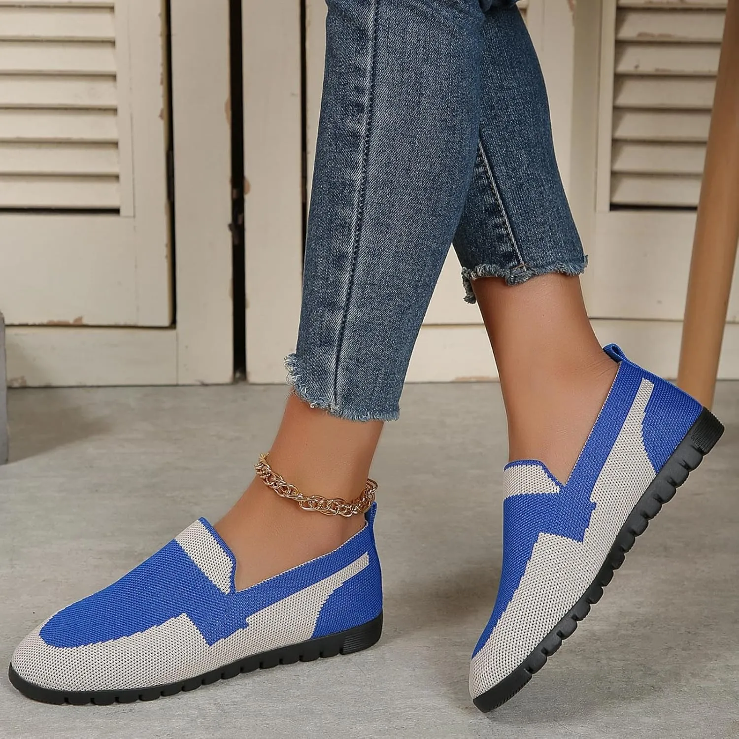 Womens Knitting Walking Shoes, Round Head Mesh Breathable Flat Ballet Shoe Casual Comfy Beach Dress Flats Shoe