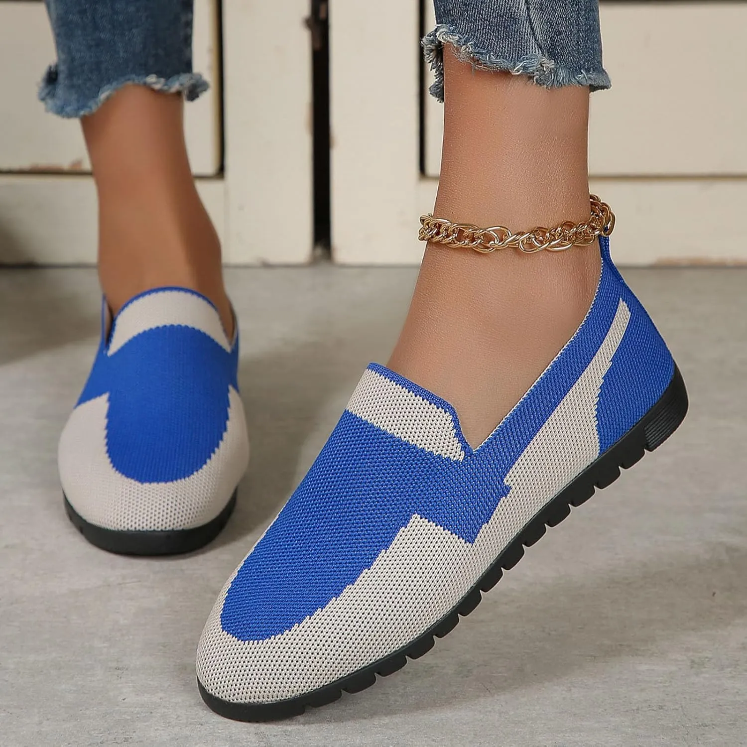 Womens Knitting Walking Shoes, Round Head Mesh Breathable Flat Ballet Shoe Casual Comfy Beach Dress Flats Shoe