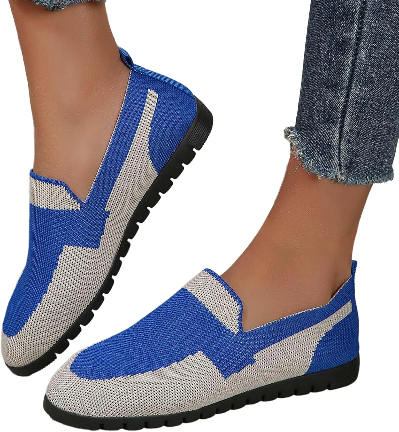Womens Knitting Walking Shoes, Round Head Mesh Breathable Flat Ballet Shoe Casual Comfy Beach Dress Flats Shoe