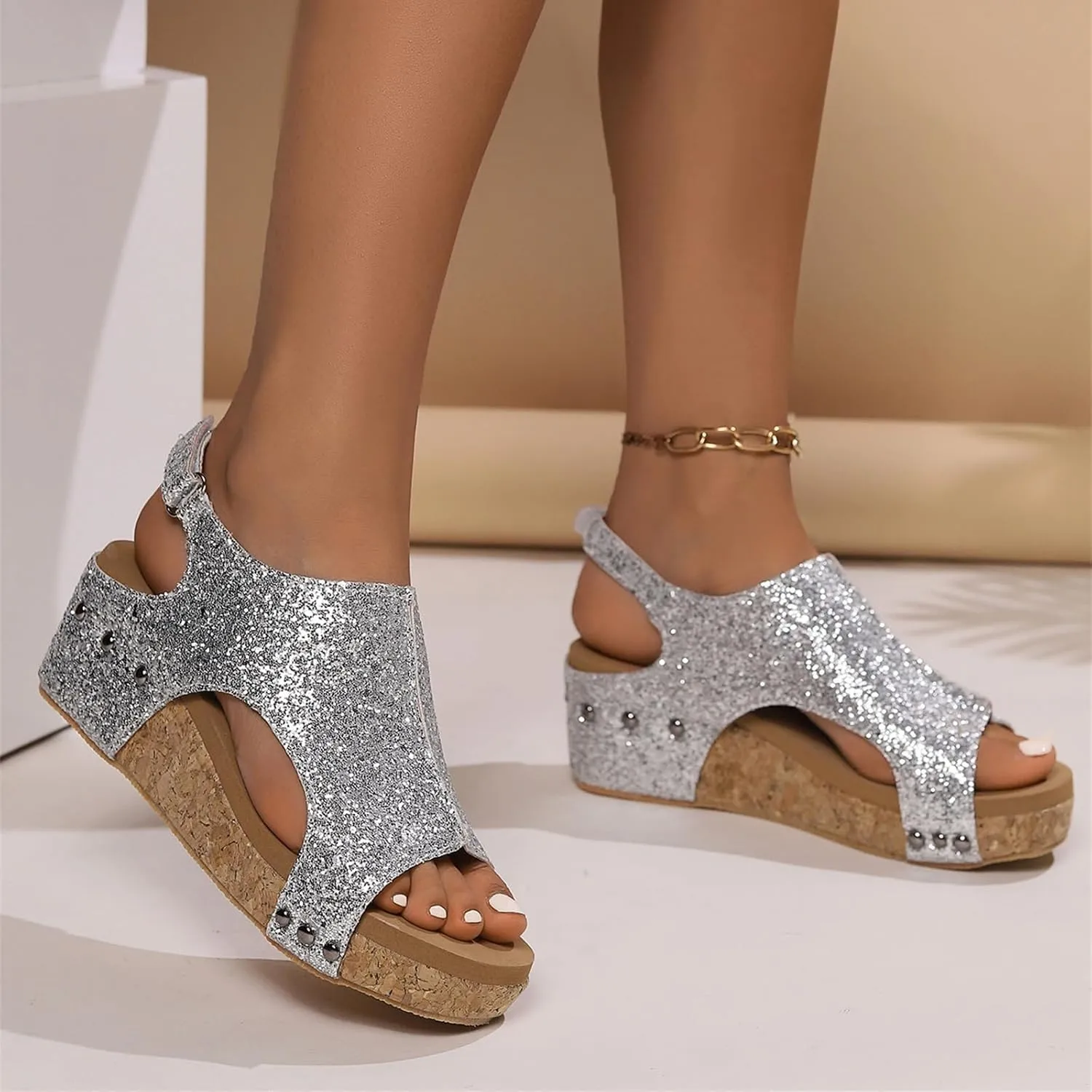 Women's Sandals Comfortable Walking Open Toe Platform Wedges Sandals Slip on Ankle Strap Rhinestone Glitter Summer Dress Shoe