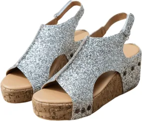 Women's Sandals Comfortable Walking Open Toe Platform Wedges Sandals Slip on Ankle Strap Rhinestone Glitter Summer Dress Shoe