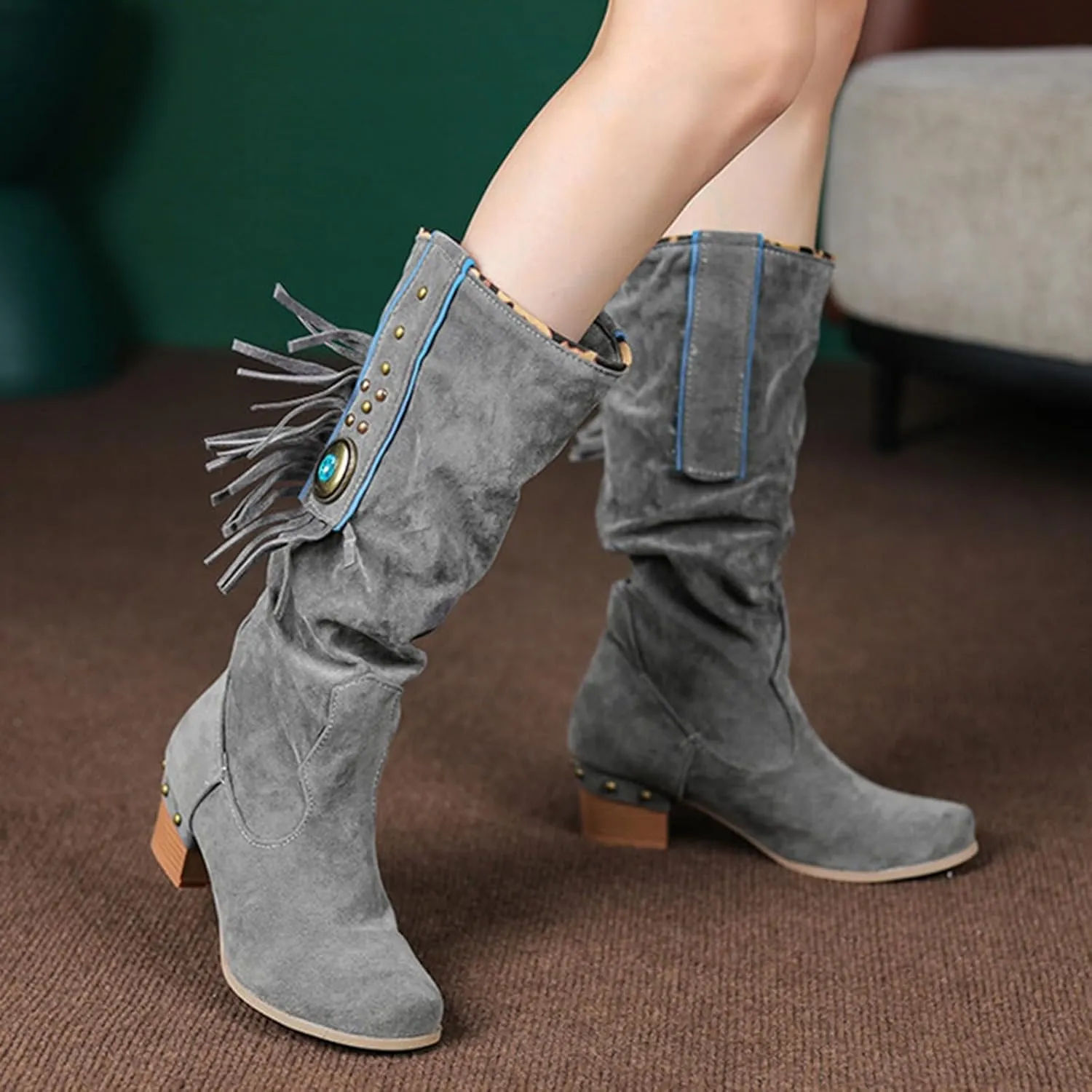 Womens Tall Boots Women's Mid-Calf Boots Tall Boots Woman Boots Women Faux Suede Chunky Heel Thigh High Boots
