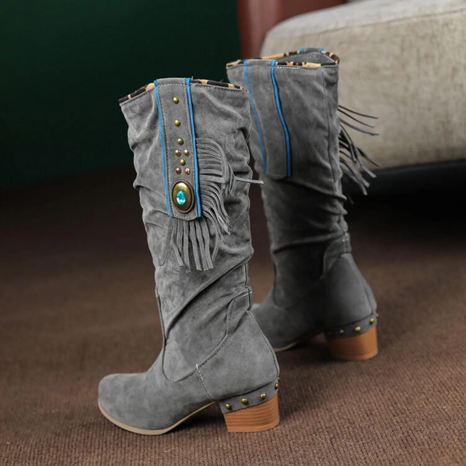 Womens Tall Boots Women's Mid-Calf Boots Tall Boots Woman Boots Women Faux Suede Chunky Heel Thigh High Boots