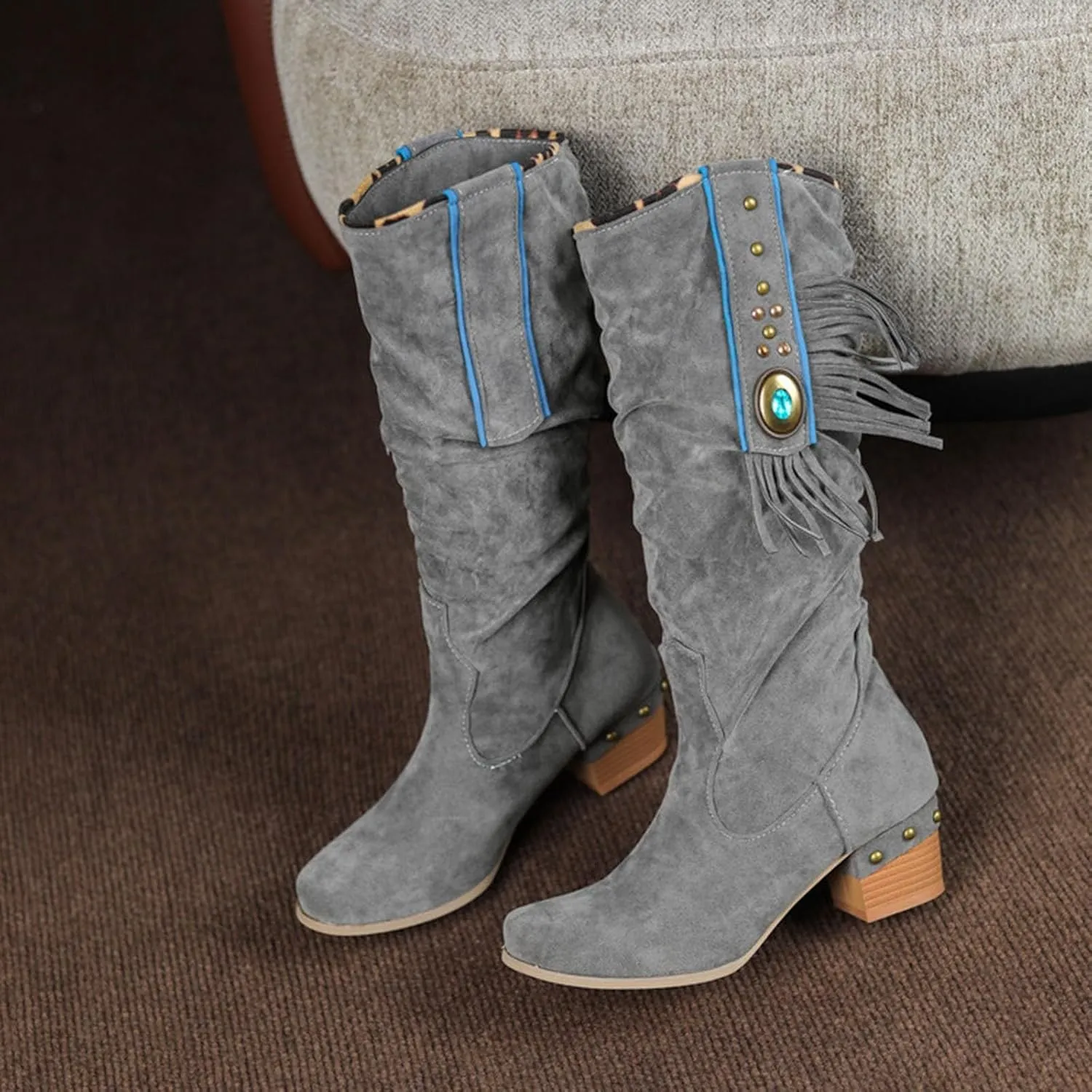 Womens Tall Boots Women's Mid-Calf Boots Tall Boots Woman Boots Women Faux Suede Chunky Heel Thigh High Boots