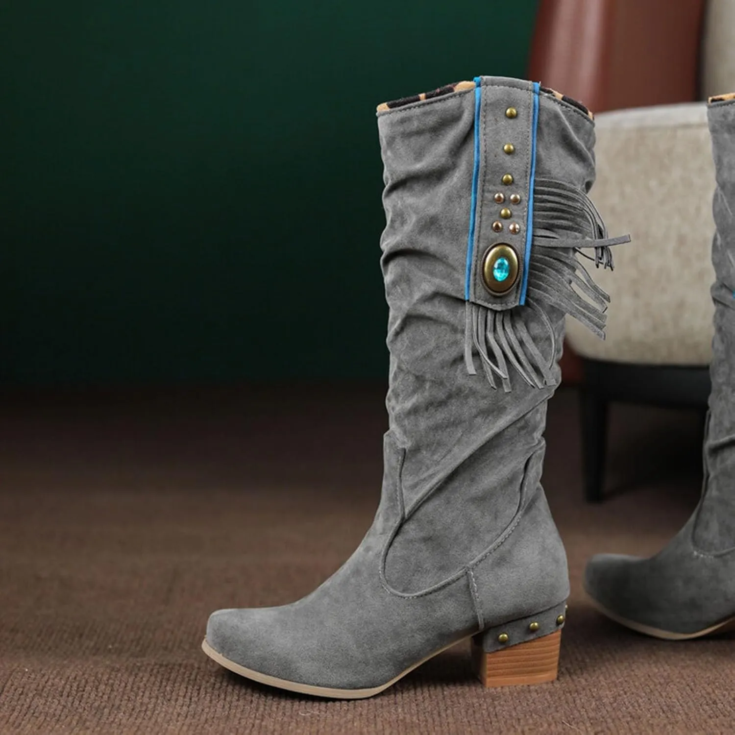 Womens Tall Boots Women's Mid-Calf Boots Tall Boots Woman Boots Women Faux Suede Chunky Heel Thigh High Boots