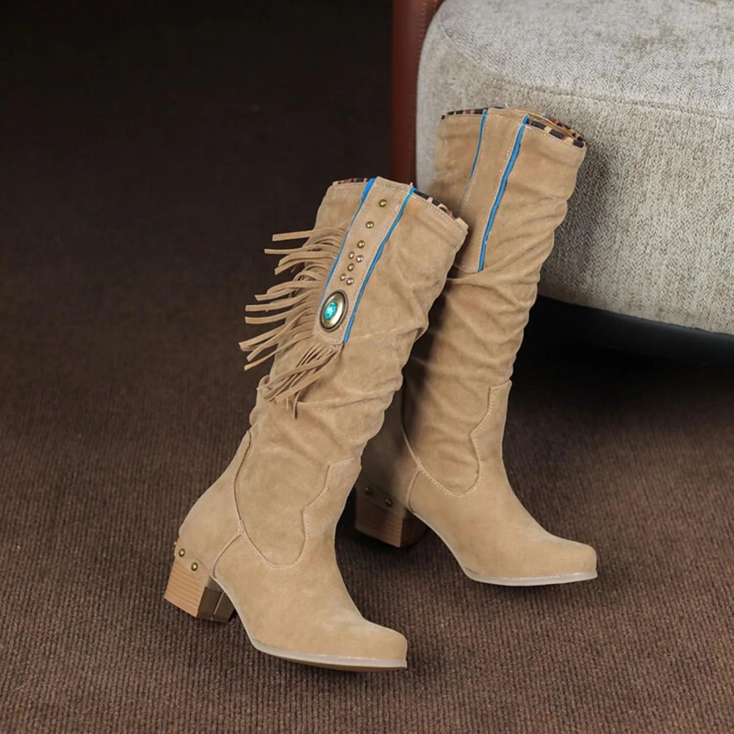 Womens Tall Boots Women's Mid-Calf Boots Tall Boots Woman Boots Women Faux Suede Chunky Heel Thigh High Boots