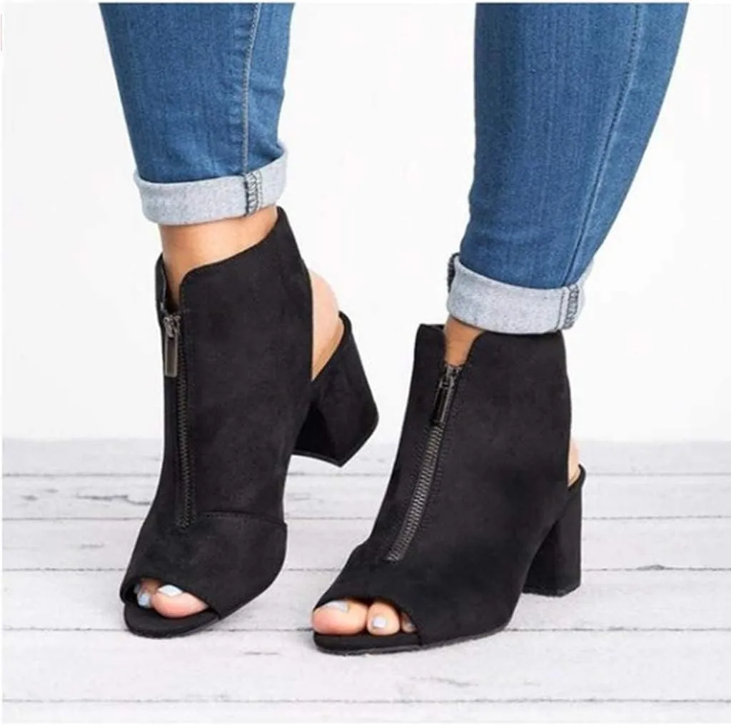 ZBYY Women's Peep Toe Heel Sandals,Summer Cutout Side Strap Chunky Low Heel Sandals Zipper Backless Pump Dress Sandals