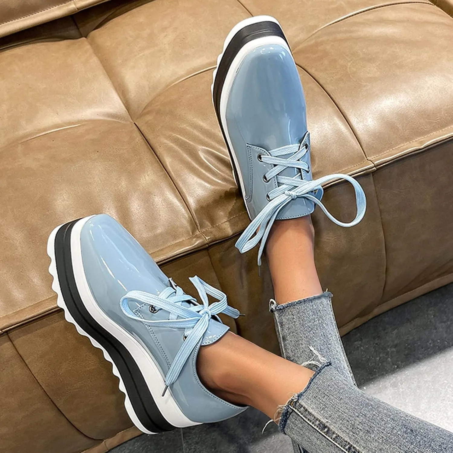 ZSpzx Women Casual Platform Shoes Lace Up Non Slip Solid Color Round Toe Running Shoes Low Top Comfortable Closed Toe Air Cushioned Lightweight Sneakers for Gym Travel Daily Wear