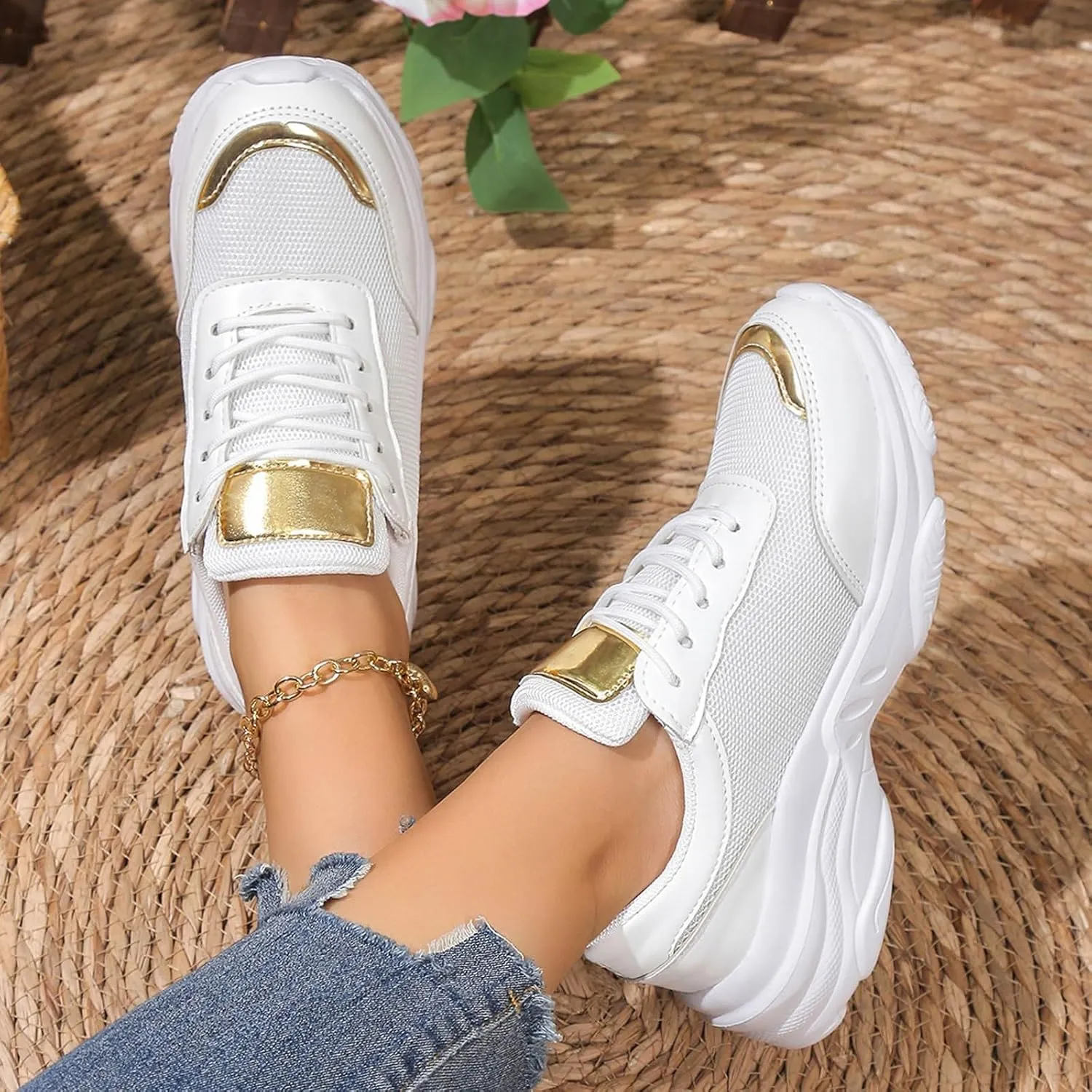 ZSpzx Women's Fashion Walking Sneakers Lace Up Slip On Arch Support Orthopedic Breathable Workout Running Wedge Shoes Casual Air Cushioned Jogging Tennis Sneaker for Plantar Fasciitis Daily Wear